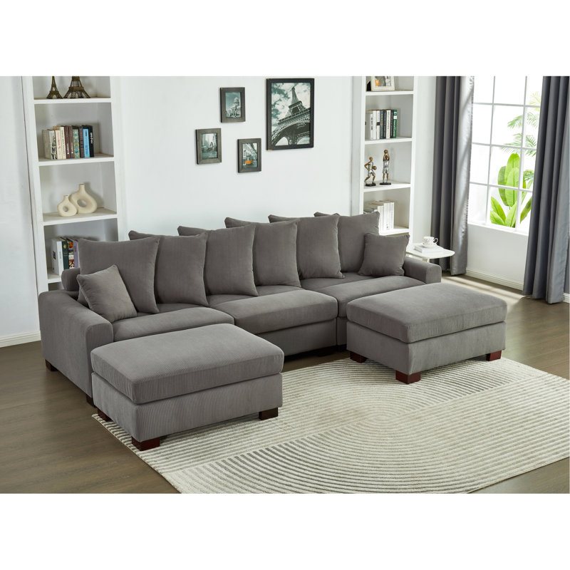 5 Seater Oversized Modular In Grey Corduroy, Convertible L & U Shaped With Methodical High Foam Cushions Sectional Couch Magnetic
