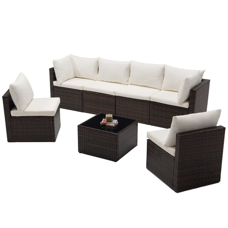 7-piece Modular Patio Conversation Sets with Cushions and Tempered Glass Table, Brown