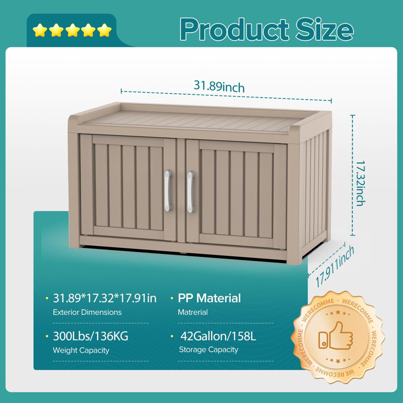 Banc de rangement à chaussures en résine imperméable pour l'intérieur et l'extérieur avec tablettes ajustables, Brown