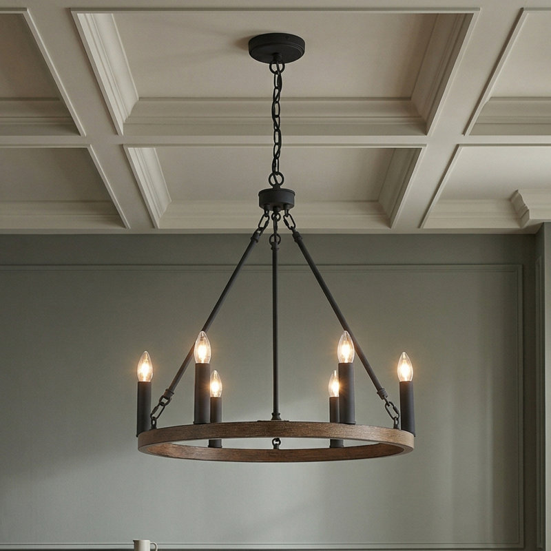 6-Lights Waggon Wheel Chandelier Ceiling Lights, Walnut