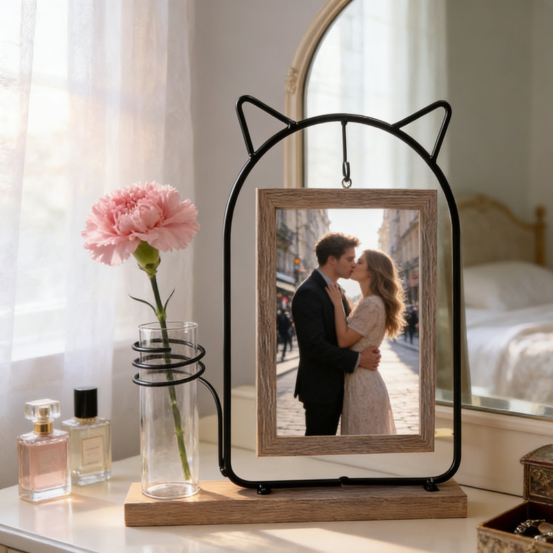 Black Metal Cat Head Double-Sided Picture Frame with Glass Vase - Holds 2 Vertical 4x6 Photos, Rustic Wood Grain MDF Desktop Display, Hydroponics Plant Holder for Home Decor - Unique Wedding, Anniversary, Cat Lover Gift