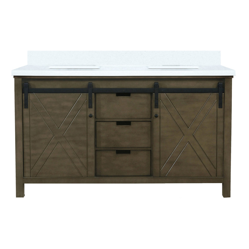 60 po Grand meuble-lavabo double brun rustique avec plateau en marbre, construction en bois massif, fonction de fermeture en douceur, compartiments de rangement abondants, surface résistante aux égratignures, 8 robinets