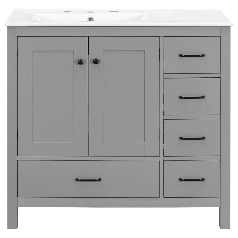 Meuble-lavabo gris 36 po avec lavabo en céramique, 5 tiroirs, fonction de fermeture en douceur, rangement spacieux pour les serviettes, fonctionnement silencieux de la salle de bain de 36 po, attrait intemporel