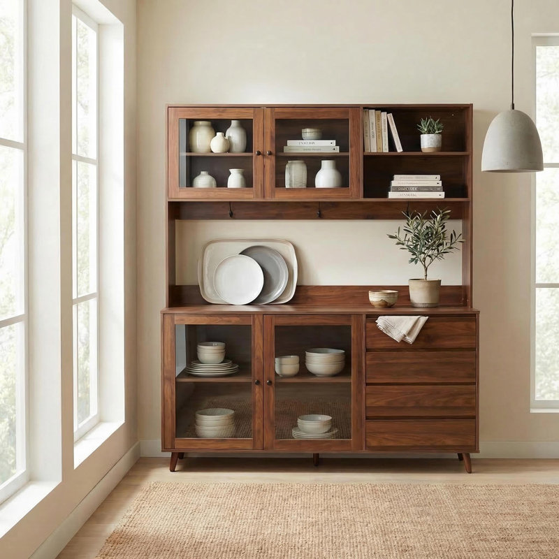 63'' Wide Kitchen Hutch Cabinet with Glass Doors, Drawers, and Microwave Shelf – Walnut Pantry Storage, Walnut