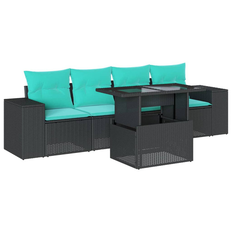 Ensemble de canapé de patio 5 pièces avec coussins en rotin de polyester, Bleu clair, Noir
