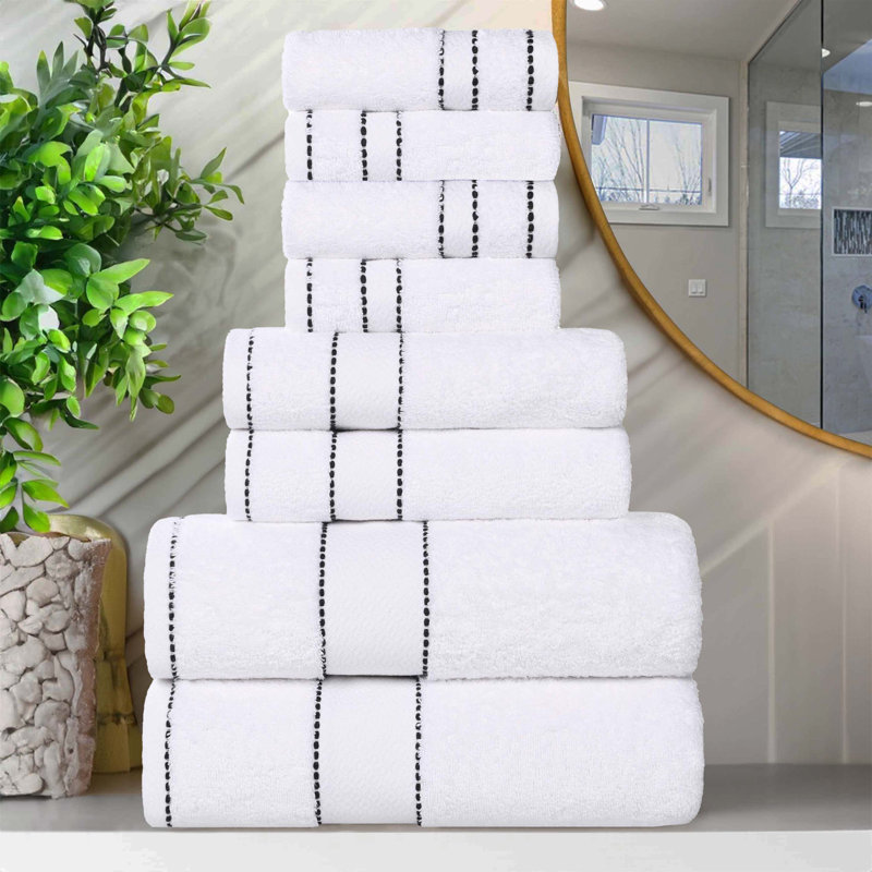 Niles Egyptian Giza Cotton, Diamond Dobby Border, Ultra-Plush Thick, Soft Absorbent, 8 Piece Towel Set, White/Black