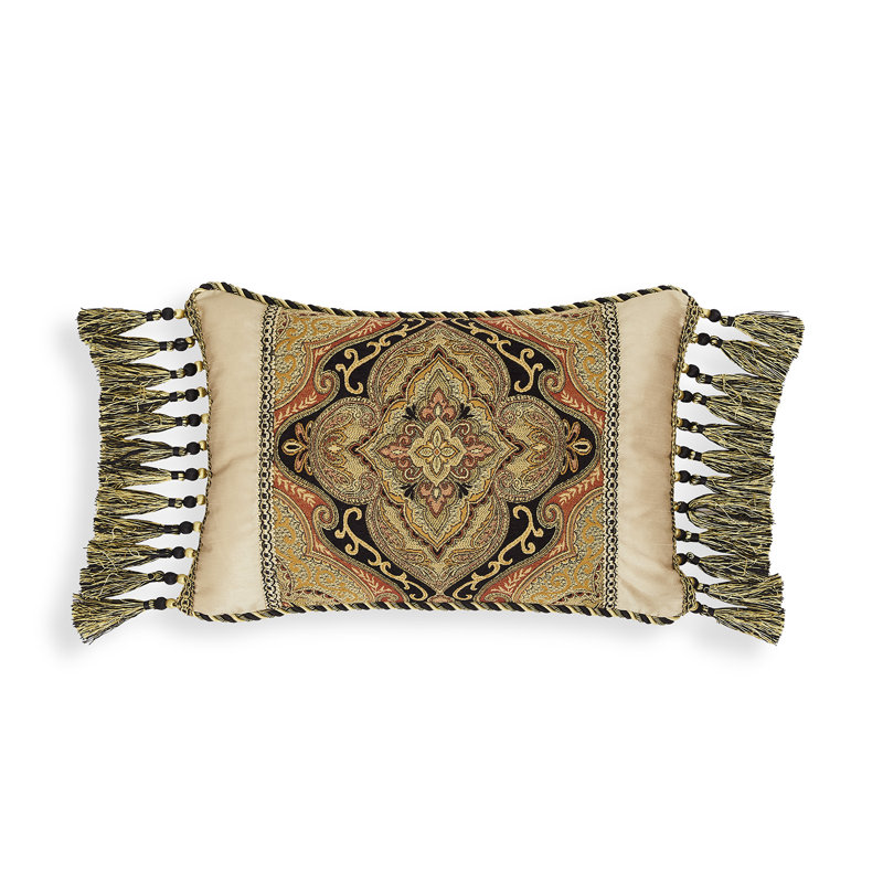 Austin Horn Classics Ravel Patch Pillow – 14"X20" With Tassel Fringe Ends, Polyester Filled – Bronze/Black