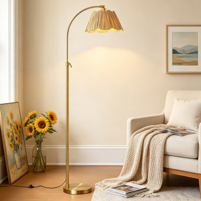 Lampe sur pied réglable à arc avec abat-jour rotin rotatif, lampe sur pied moderne en or brossé pour le salon, la chambre à coucher ou le bureau à domicile, ampoule incluse