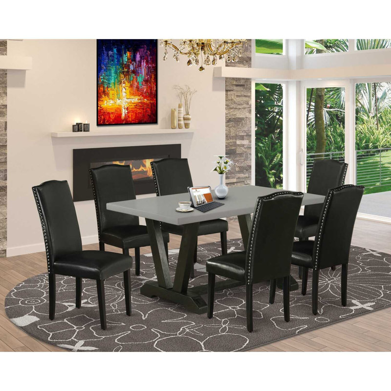 7-Pc Dining Room Table Set – 6 Black Pu Leather Dining Chairs with High Back and Cement Modern Dining Table - Wire Brushed Black Finish