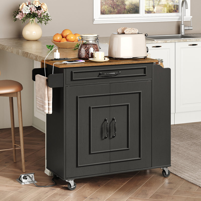 32.4" Kitchen Island with Power Outlets & Drop Leaf, Walnut/Black