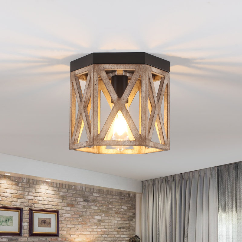 1-Light Rustic Wood Hexagon Flush Mount Ceiling