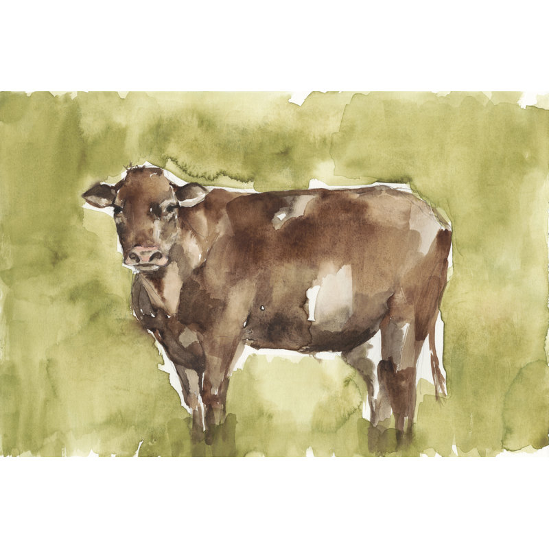 Cow in the Field II by Jennifer Goldberger - Painting, 81 cm H x 122 cm W, Black Floater Framed