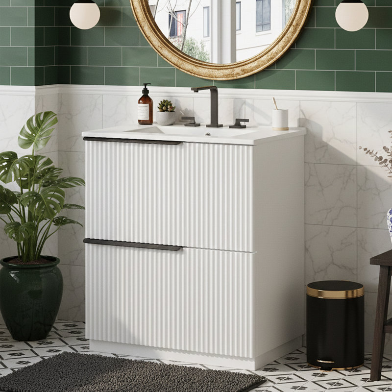  Meuble-lavabo simple cannelé 30 po avec lavabo en céramique 30 po - Armoire de rangement 2 tiroirs 8 po - Blanc, Blanc
