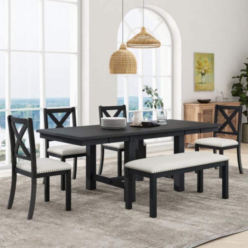 Ensemble de table de salle à manger extensible 82 po 82 po - Comprend 4 chaises + un banc avec 2 rallonges amovibles - Table de cuisine rustique avec repose-pieds