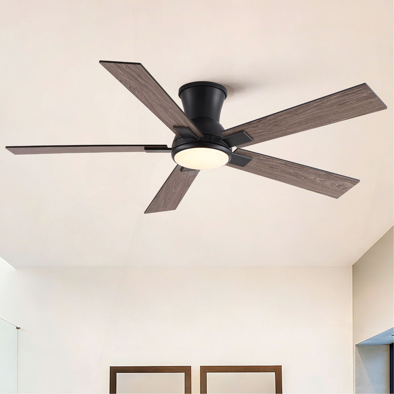 52" Matte Black Modern Low Profile Flush Mount Intergrated LED Ceiling Fan with Light and Reversible Quiet Motor, Matte Black