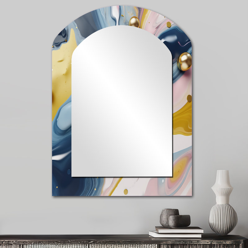 Jaune et bleu pierre fluide IV - miroir asymétrique en marbre, miroir mural unique arche jaune, impression d'art en métal