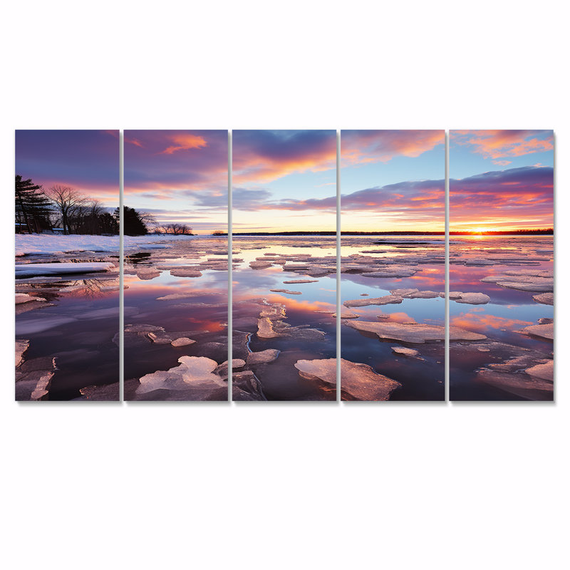«Winter Sunset Over Icy Forest River», ensemble de 5 décorations murales au coucher du soleil, H 32 po x l 80 po