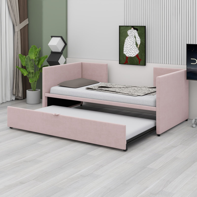 Upholstered Daybed With Pop Up Trundle, Pink