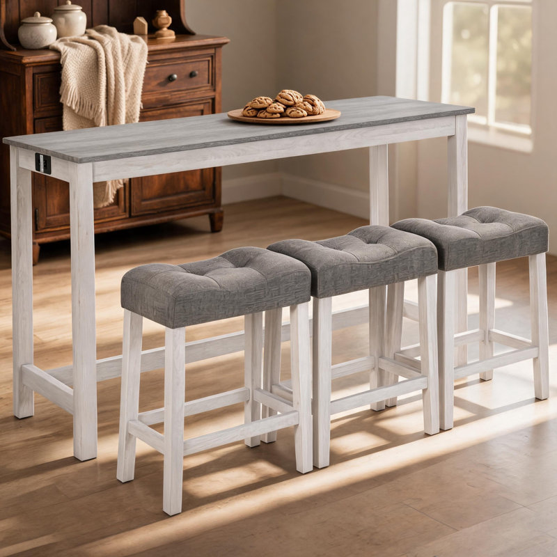 Ensemble de table de bar 4 pièces avec prise de courant, structure en bois d'hévéa, 3 tabourets rembourrés en lin pour les espaces de vie intérieurs