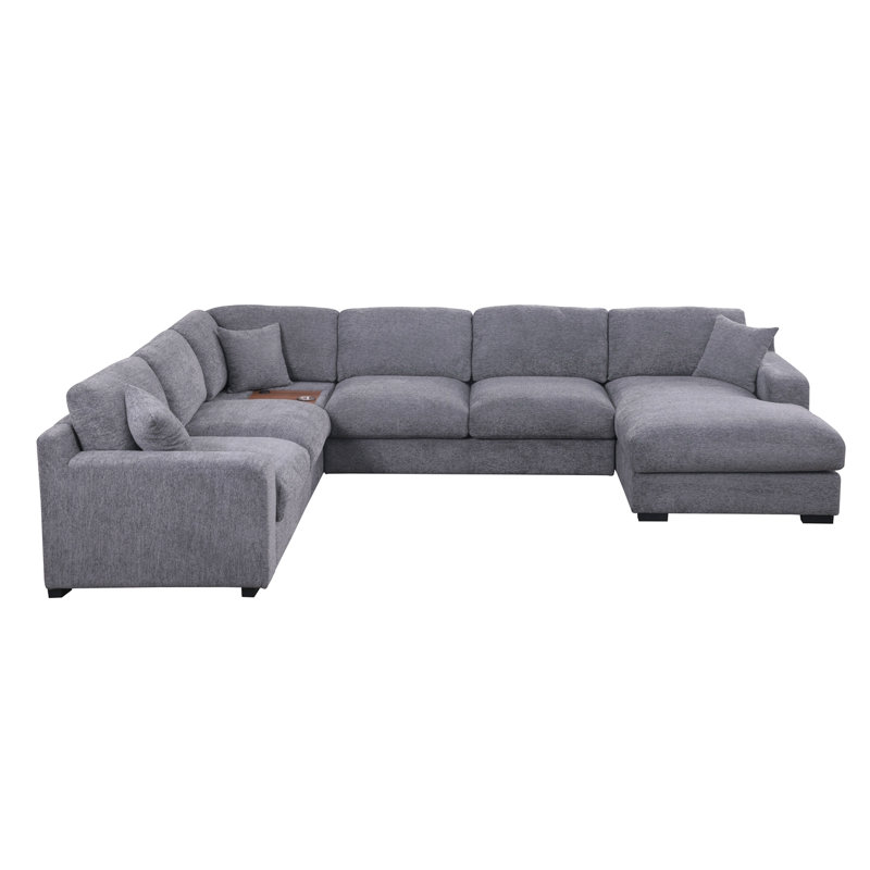 Chiara 128"W Light Gray Chenille Fabric Corner Sectional Sofa With Right-Facing Chaise, Cupholders, And Charging Ports