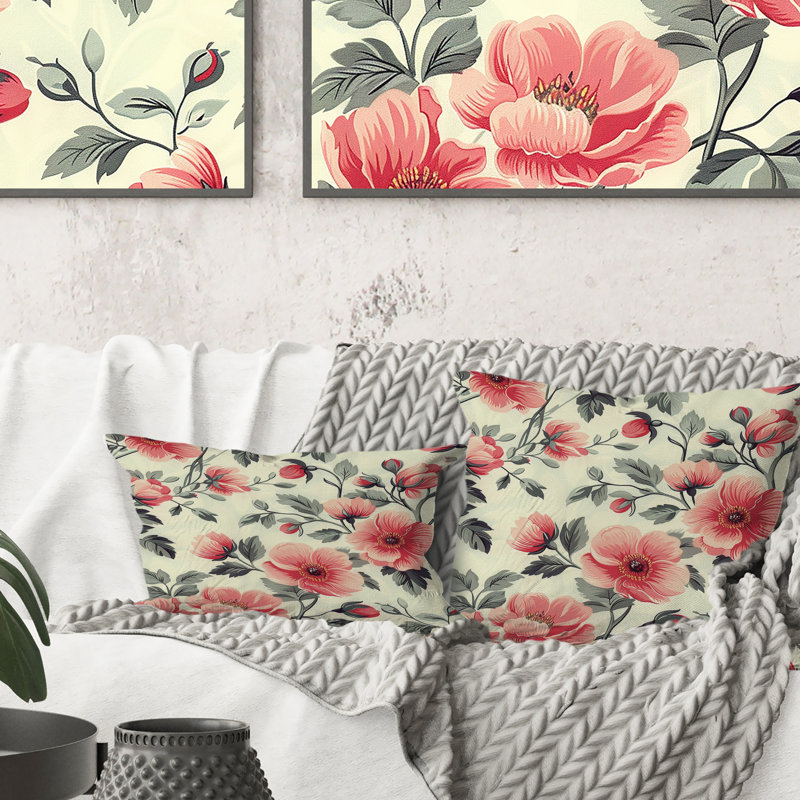 Coussins lombaires roses et verts à motif floral traditionnel I