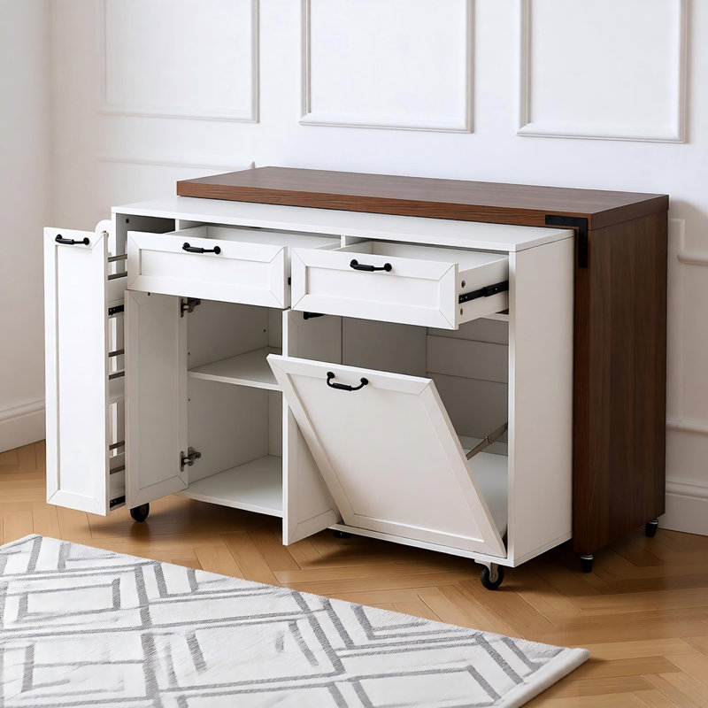 102.3" Kitchen Island With Extendable Dining Table, Kitchen Rolling Island Cart With Trash Storage Cabinet, 3-tier Pull-out Spice Rack, Mobile Island Table On Wheels For Kitchen, Dining Room,white