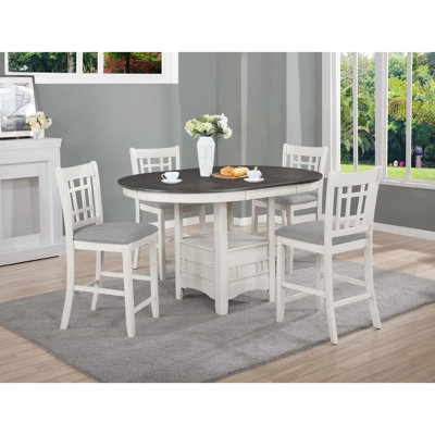 Ensemble de salle à manger 5 pièces gris capitonné, style contemporain, table extensible de 45 cm, forme ovale, et tablette sous la table. Ensemble de 5 pièces hauteur comptoir avec rangements intégrés.