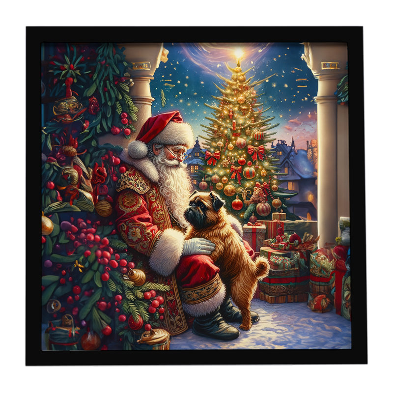 «Brussels Griffon and Santa Claus», reproduction d'art encadrée