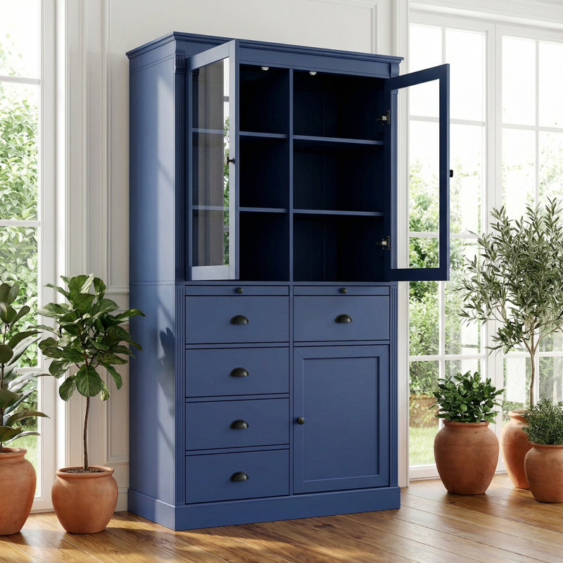 72"H Freestanding Kitchen Pantry Cabinet with Glass Doors 40" Wide Pull-Out Serving Trays & Storage, Blue