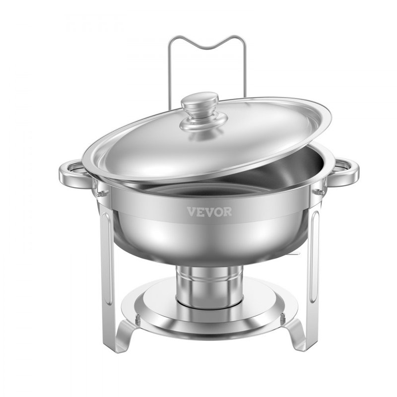 5 Qt Round Chafing Dish Buffet Set Full-Size Pan Stainless Steel Silver
