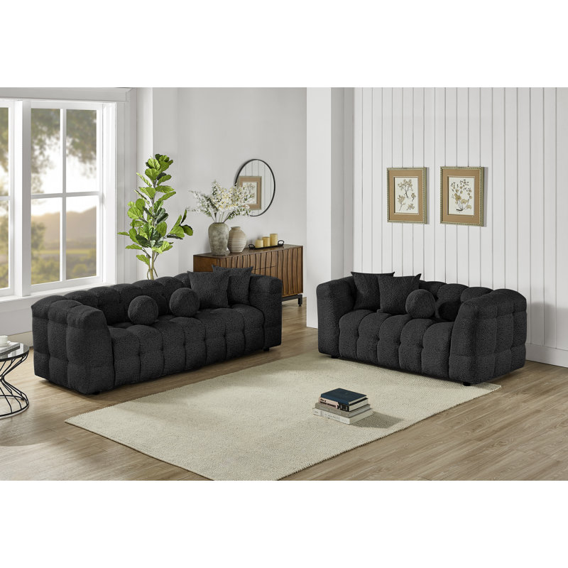 Ensemble de canapé et causeuse 2 pièces revêtu de tissu bouclé confortable, Noir