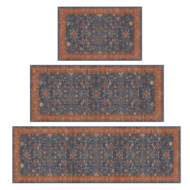 Tapis de cuisine antidérapant lavable à la machine (ensemble de 3), Bleu / Terre cuite