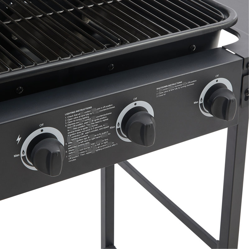 Barbecue à gaz 42000 avec 1 brûleur latéral, acier inoxydable, surface de cuisson de 352 po², fonction de maintien au chaud, 4 brûleurs au propane, grilles émaillées, mobile