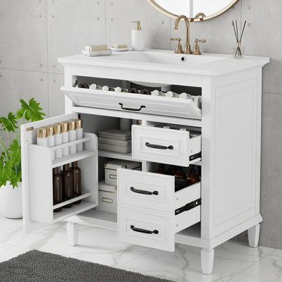 Bathroom Vanity With Ceramic Sink And Flip Drawers And Adjustable Shelf