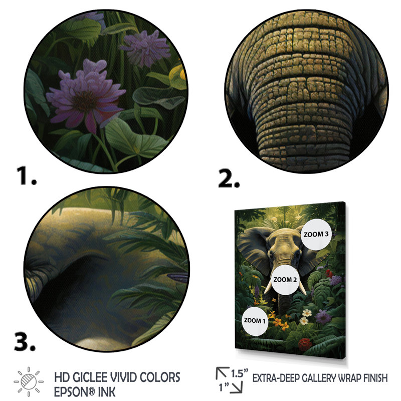 «Celicia Elephant Jungle Sanctuary III», reproduction sur toile, H 44 po x l 34 po x P 1,5 po, Cadre flottant blanc