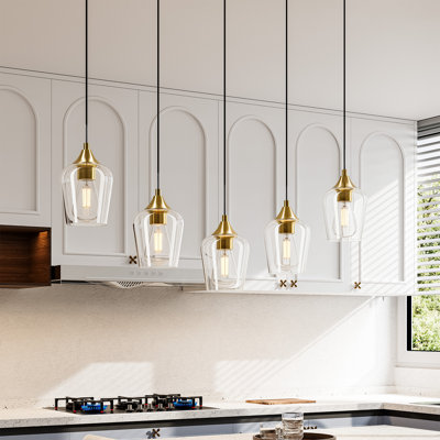 60-Watt 5 Light Brushed Gold Cluster Pendant Light for Kitchen Island with Clear Glass Shade and 10"-55" Height