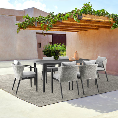 Abalone Outdoor Patio 7-Piece Dining Table Set In Aluminum And Wicker With Grey Cushions