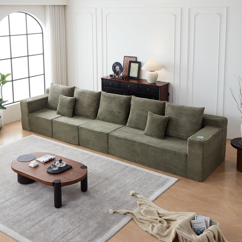 Canapé modulaire profond en velours côtelé avec porte-gobelets, aucun assemblage requis, Gris foncé / Gris