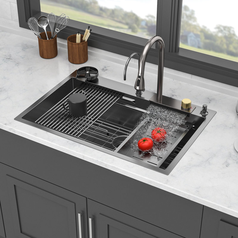 Évier de cuisine à simple cuve en acier inoxydable de calibre 16 en acier inoxydable de calibre 16 avec une cascade unique, robinet coulissant et support de séchage