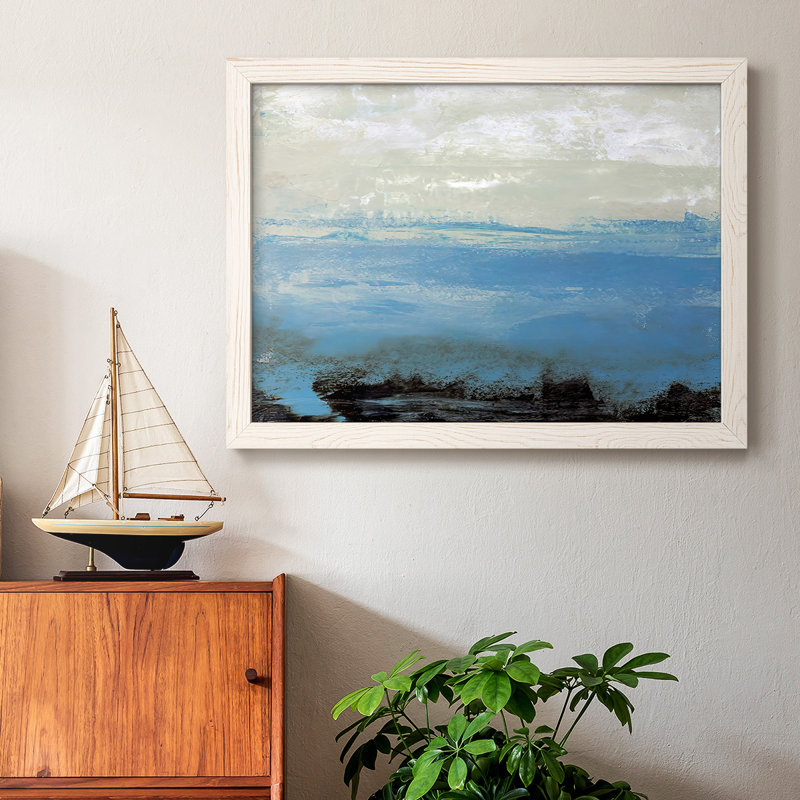 «Bridges Cyan III», encadré, impression encadrée avec biseau mat et verre, Bois de grange blanc encadré sur toile