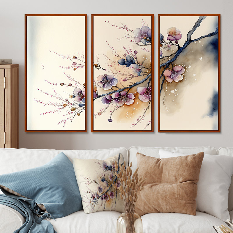 «Pink and Plum Cherry Blossom Branch I», ensemble de 3 reproductions sur toile, H 28 po x l 36 po, Cadre brun