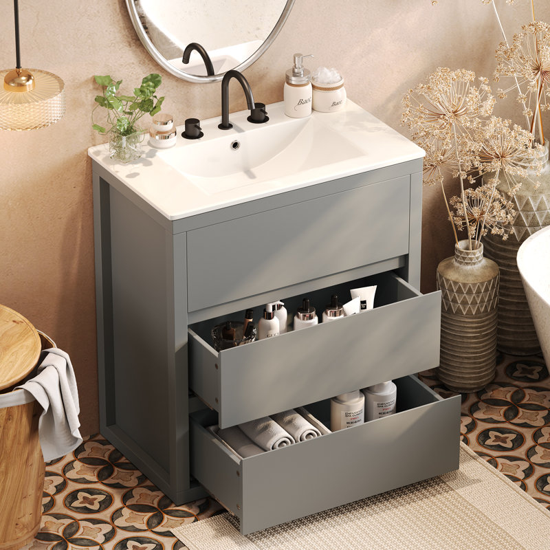 Damos Bathroom Vanity With Ceramic Sink And 2 Full-Extension Drawers, Freestanding Bathroom Vanity, Soft Close Undermount Drawer Slides