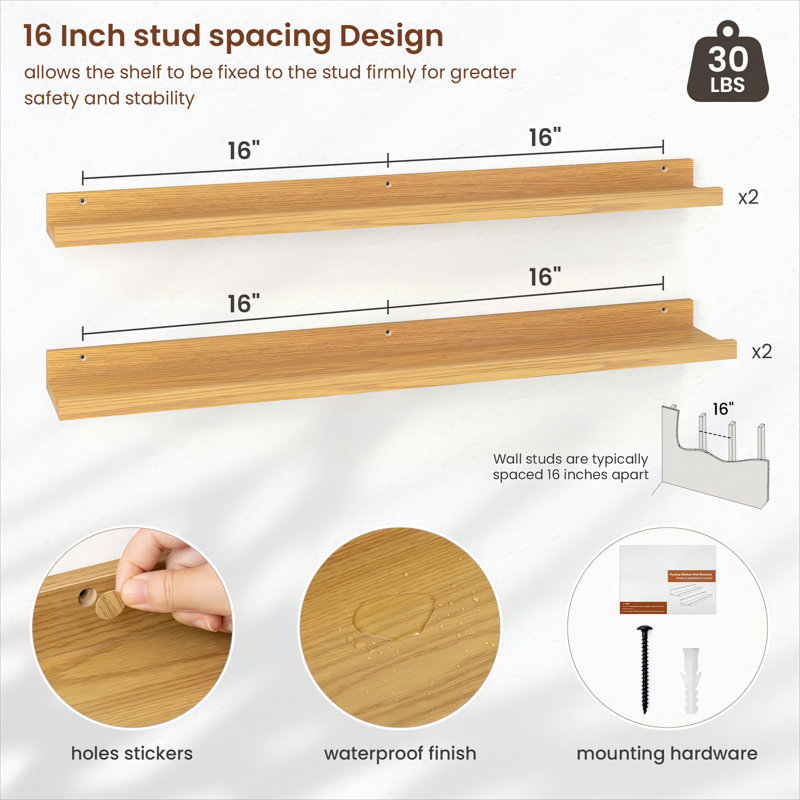 4 Piece Floating Picture Ledge Shelves, Oak, 2" H x 36" W