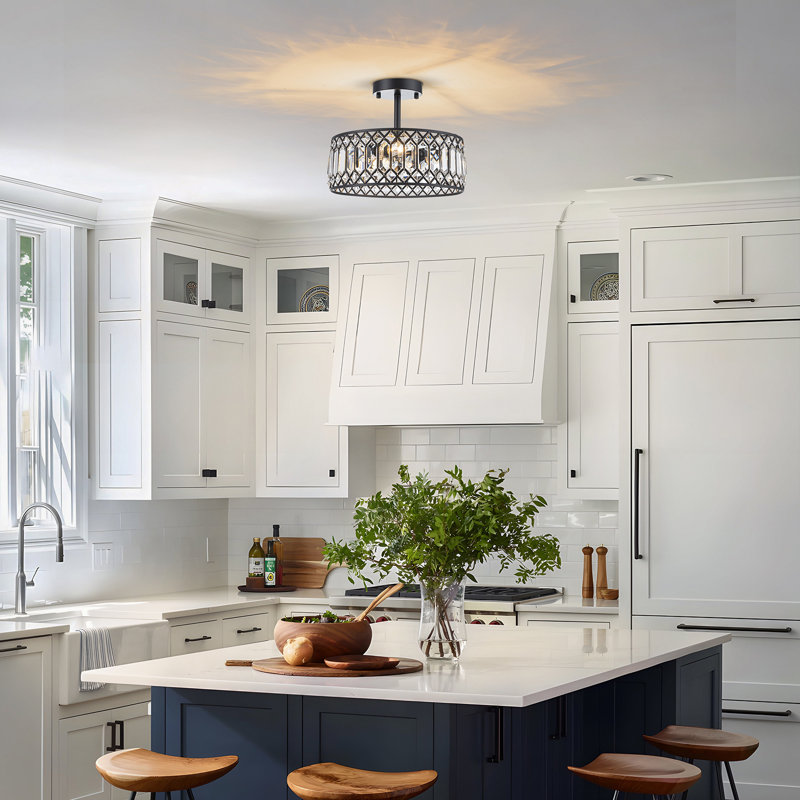 Luxury Crystal Drum Semi Flush Mount Light, 3 Lights, Matte Black