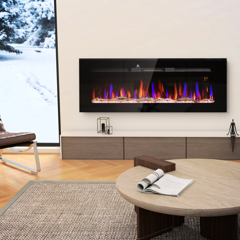 Foyer électrique 1500W, encastré et mural, minuterie 8H, couleur de flamme réglable, bûche et cristal, acier noir, foyer l 50 po, télécommande, chauffage, flamme, H 17,7 po x P 6,2 po