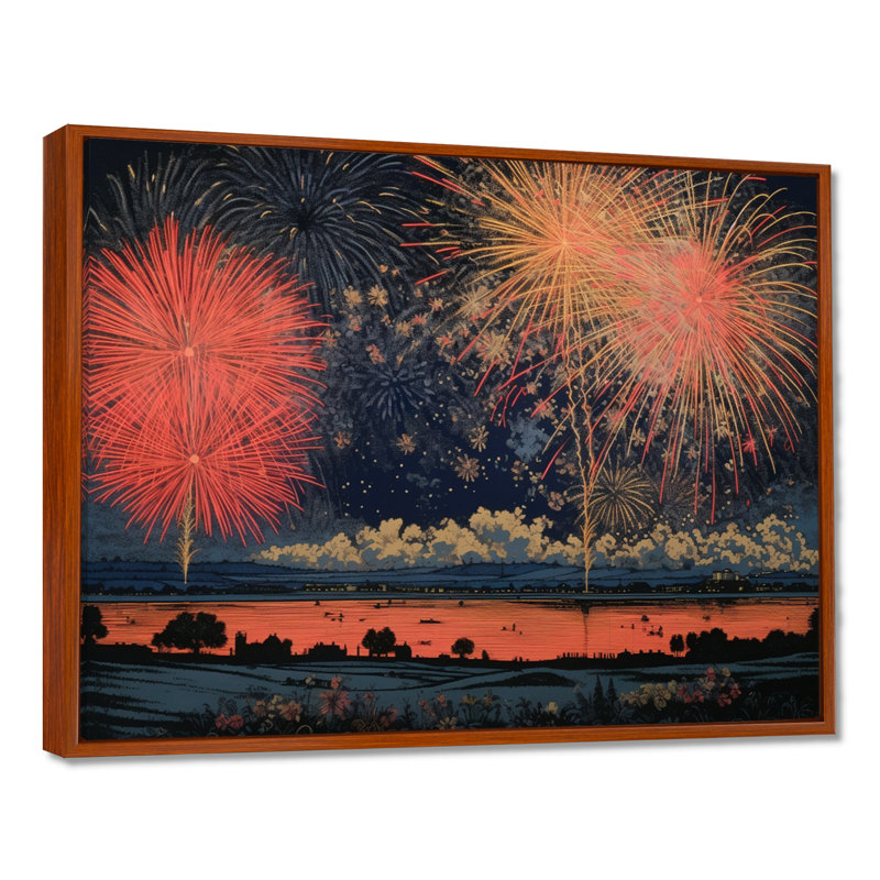 Feux d'artifice du Nouvel An au-dessus du pays rétro, Toile avec cadre flottant brun, H 30 po x l 40 po x P 1,5 po