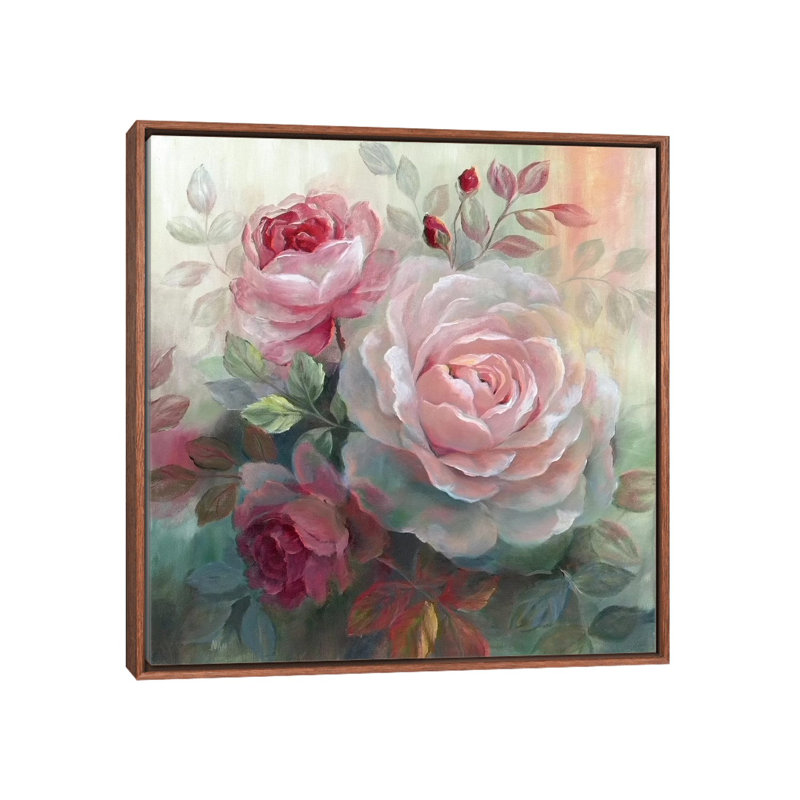 «Roses», reproduction sur toile à cadre flottant, H 18 po x l 18 po x 1,5 po, Toile avec cadre en bois classique