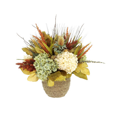 Fall Arrangement with Hydrangeas, Thistle and Wheat