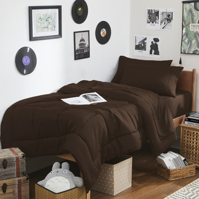 7PC Campus Ready Dorm Twin XL Bedding Bundle, Solid Comforter, Pillows And Sheet Set