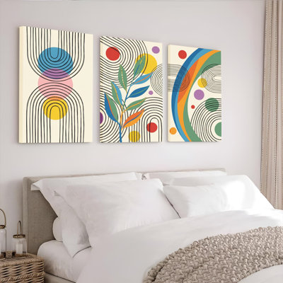 Ensemble de 3 toiles murales à motifs géométriques et botaniques abstraits, idéales pour la décoration du salon et de la chambre.